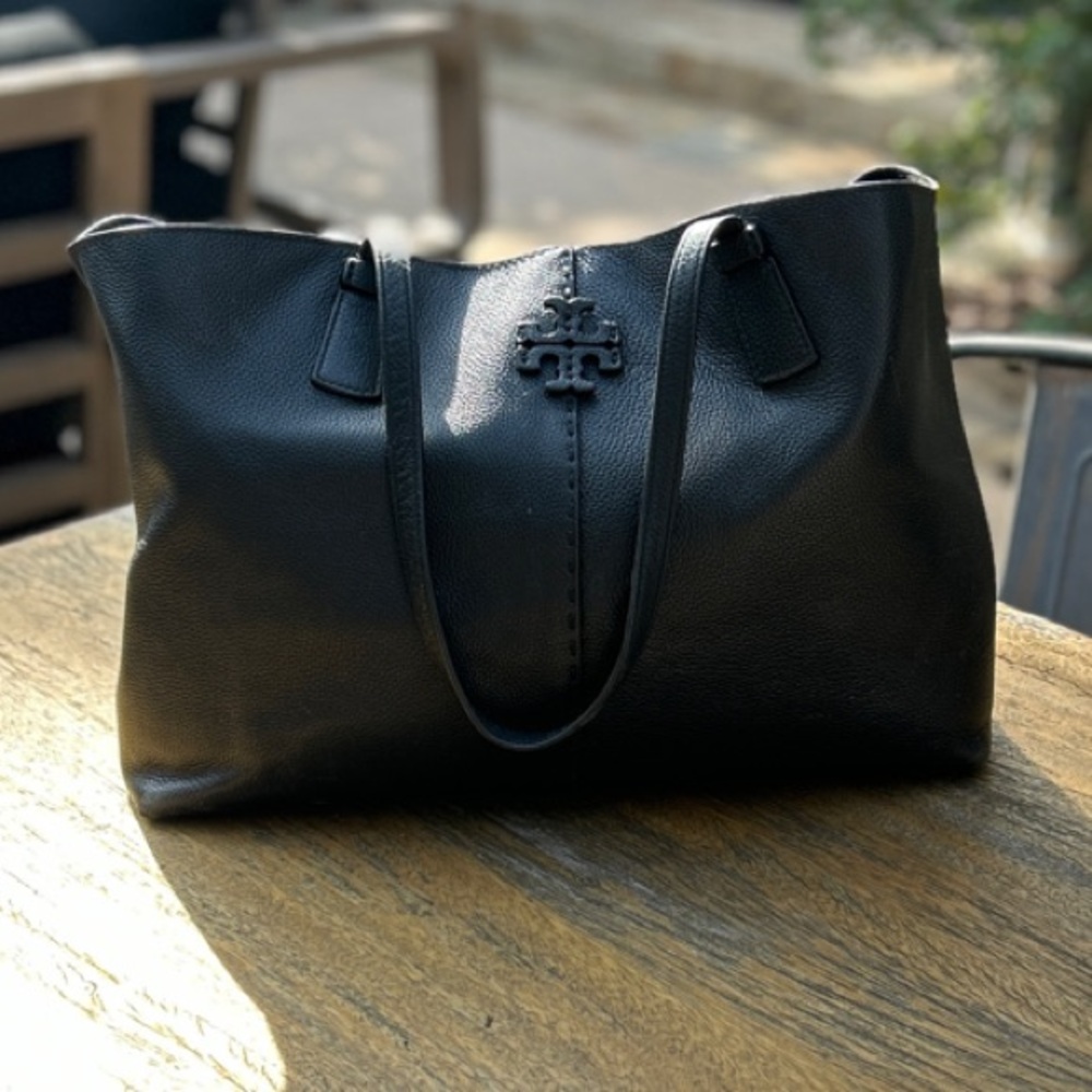 Tory Burch Black Textured Tote Bag with Wide Opening and Durable Material